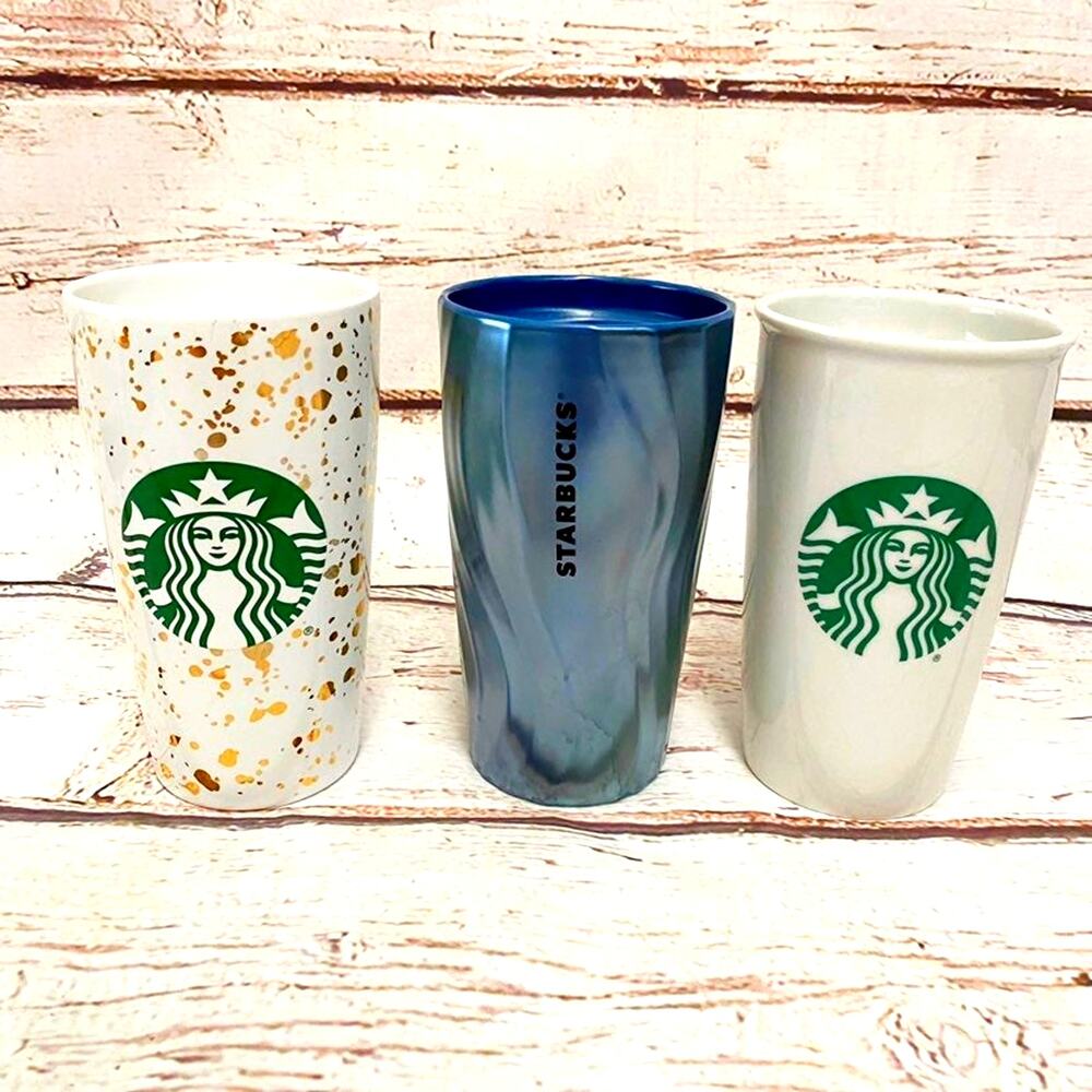 STARBUCKS Set of 3 Ceramic Tumblers 12oz Grande White Gold Blue Siren Logo